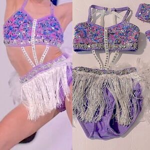 Glamour solo dance costume custom 2 piece lavender rhinestone feather sassy SC